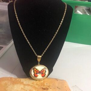 Gold and Orange Statement Necklace with Pendant